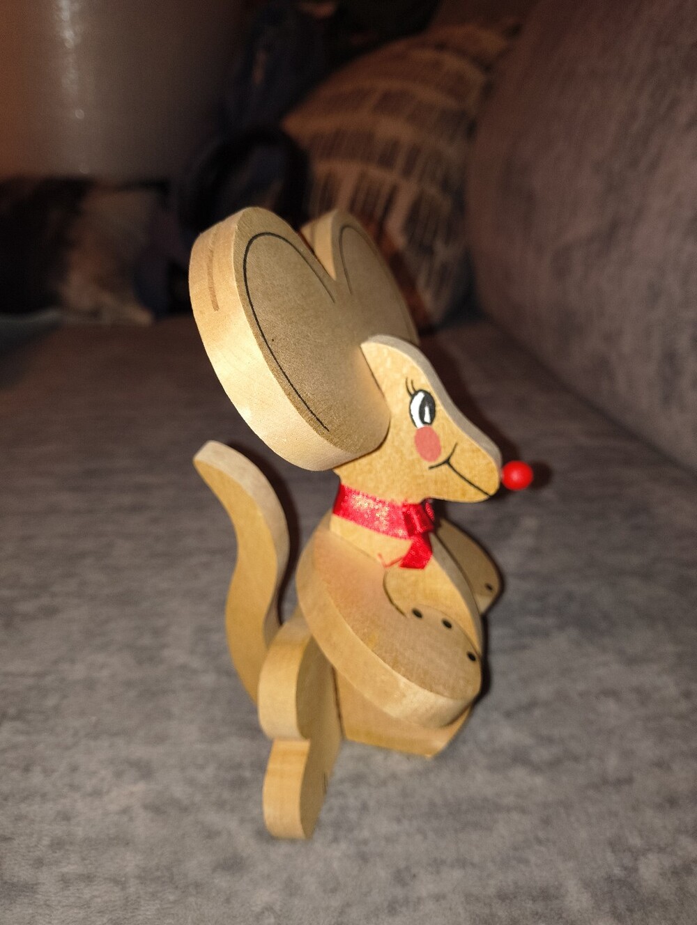Wooden Mouse Figurine with Red Ribbon - Decorative Pet Accent